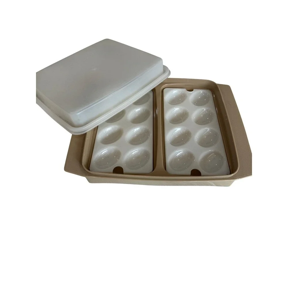 Tupperware Deviled Egg Keeper Vintage 723 Tan White 16 Slot  Retro MCM